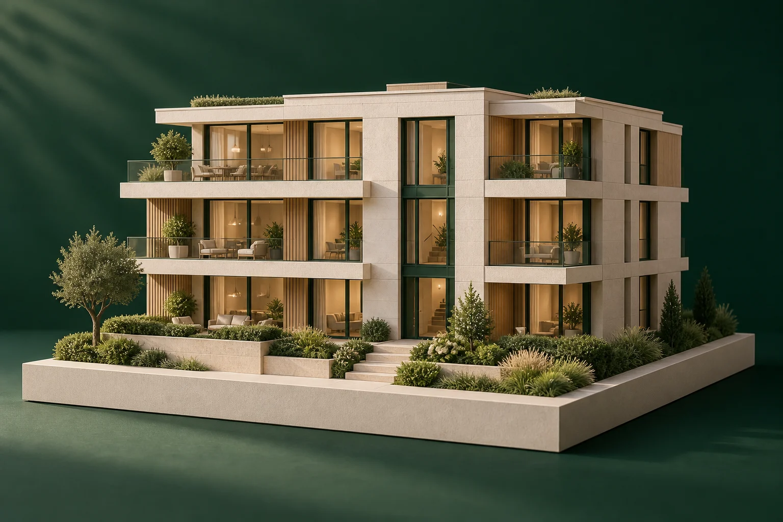 Architekturmodell eines modernen Wohnhauses mit begrünten Terrassen