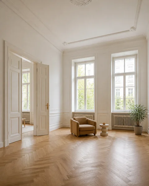 Heller Wohnraum der besichtigten Altbauwohnung